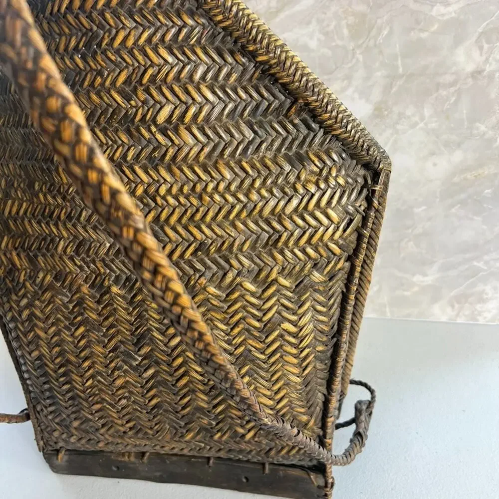 Vintage Ifugao Natural Carved Woven Wicker Basket Backpack From the Philippines